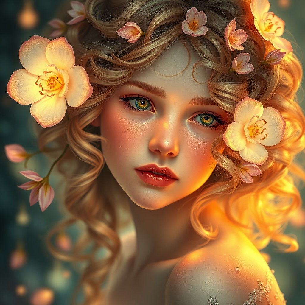 Ethereal Flower Girl Portrait in Art Nouveau Style