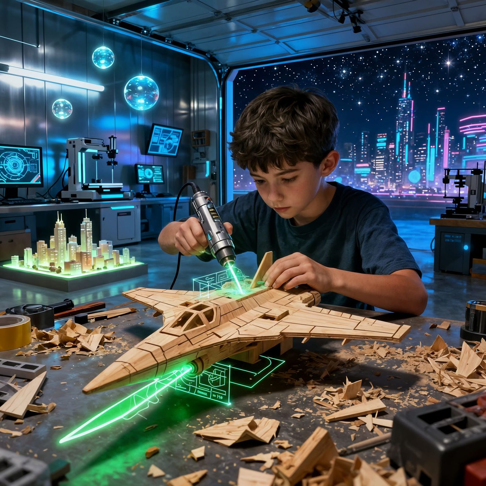 Boy Crafts Spaceship in Futuristic Garage