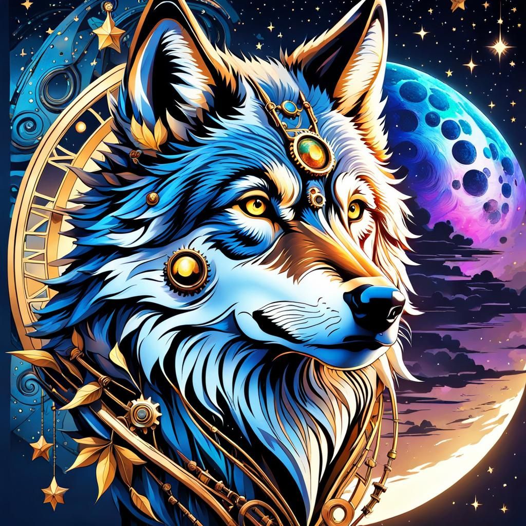 Steampunk Wolf Howling at Moonlit Sky
