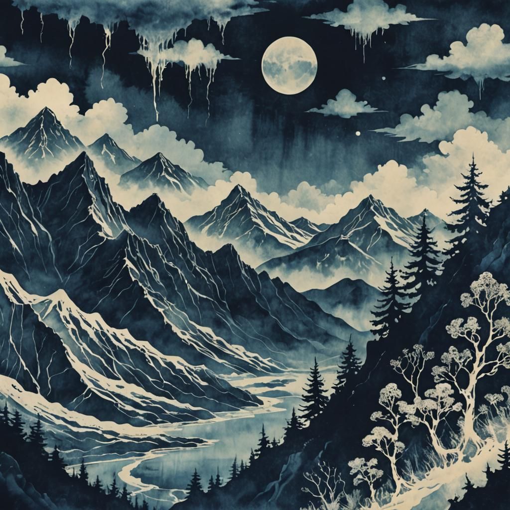 Lovecraftian Horror in Ethereal Cyanotype Landscape