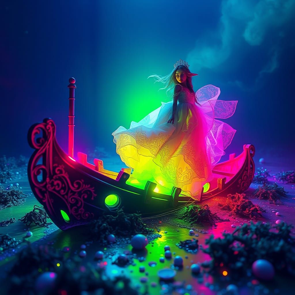 Mystical Shipwreck and Goblin Princess in Bioluminescent Oce...