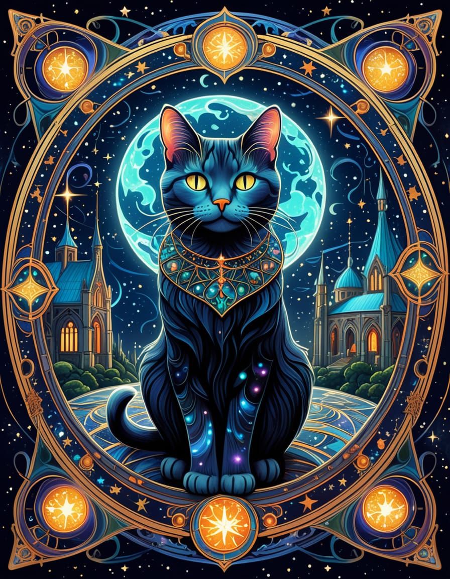 Gothic Whimsy: A Cosmic Cat Amidst Starry Skies