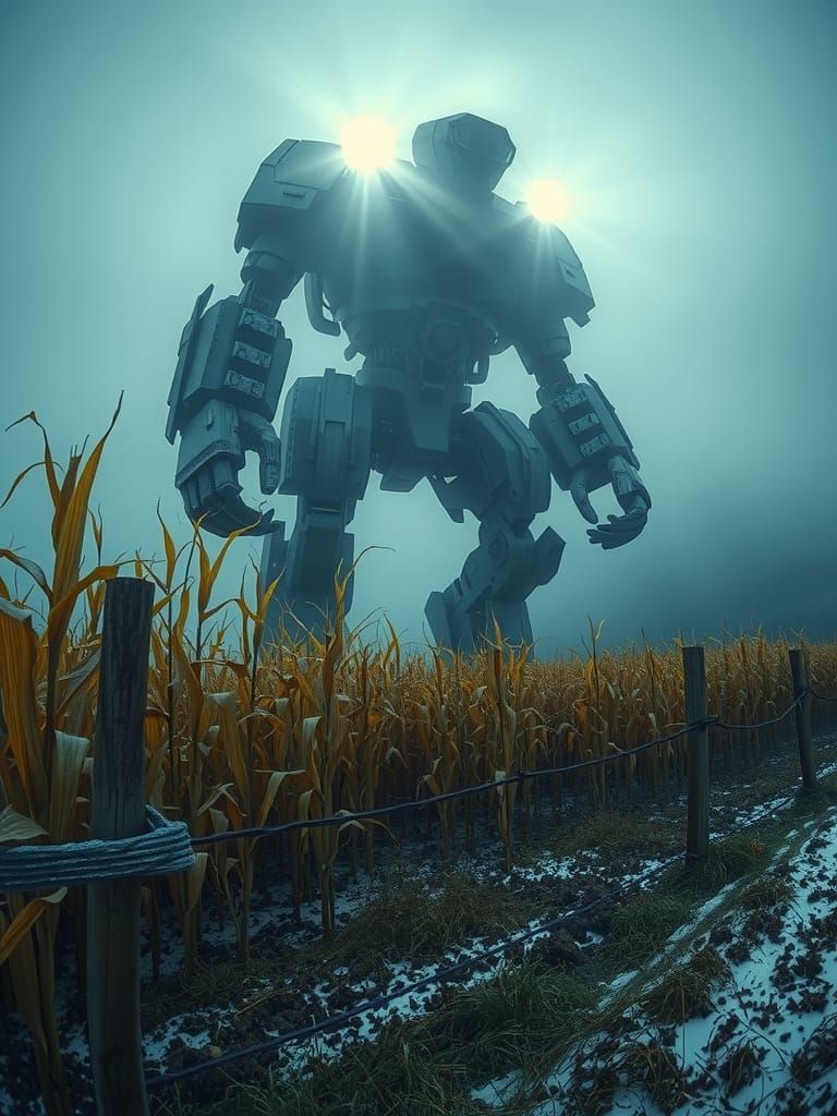 Towering Robot in Misty Winter Landscape