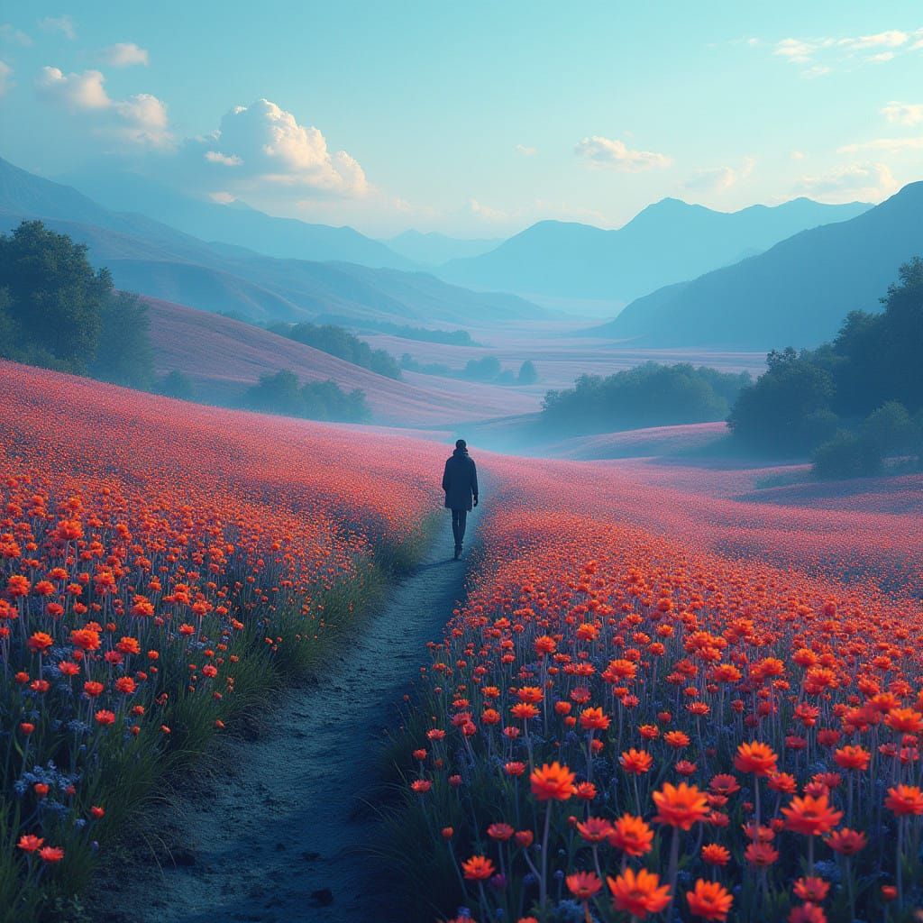 Lone Figure Steps into Vibrant Wildflower Field