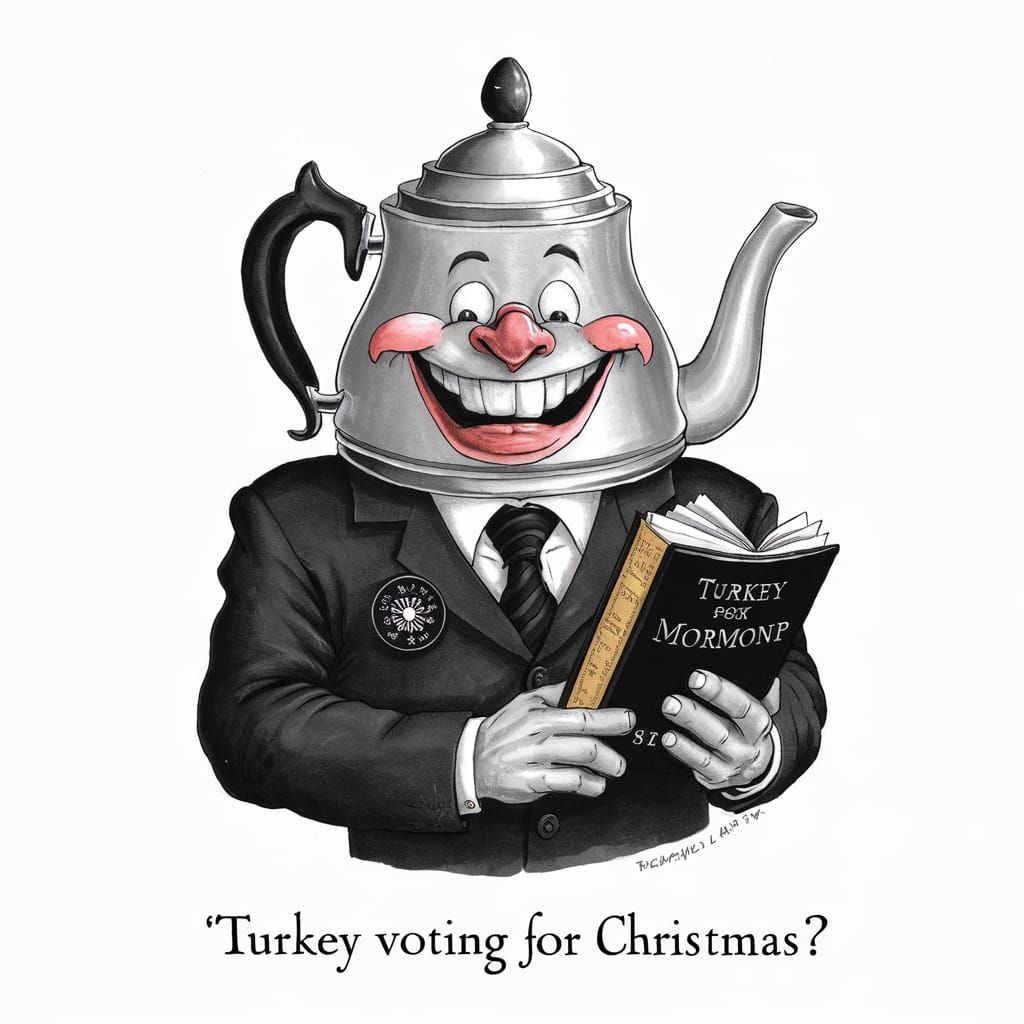Anthropomorphic cartoon grinning tea kettle dressed in a black suit and tie and carrying a book of Mormon, black mission...