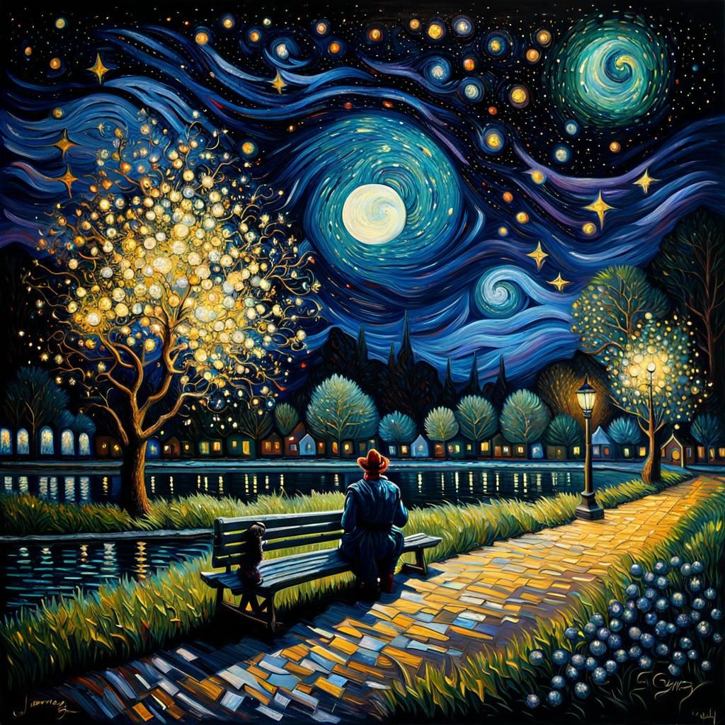 Sad Clown in Moonlit Park: Expressionist Oil Painting