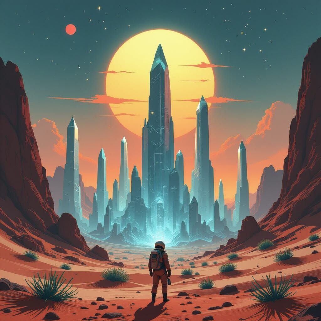Astronaut Explores Crystalline Alien City at Binary Sunset