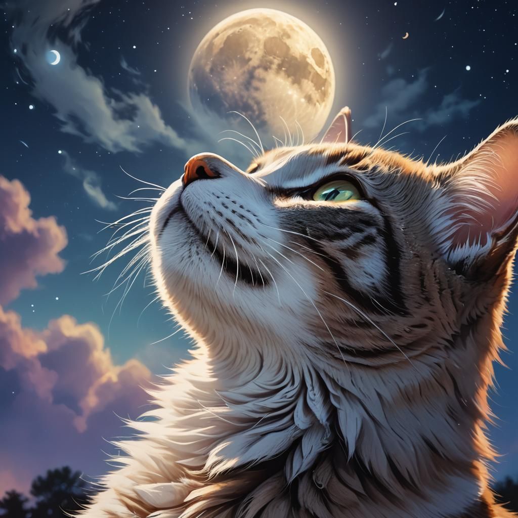 Anime Cat Gazing at Moon in Digital Art Style
