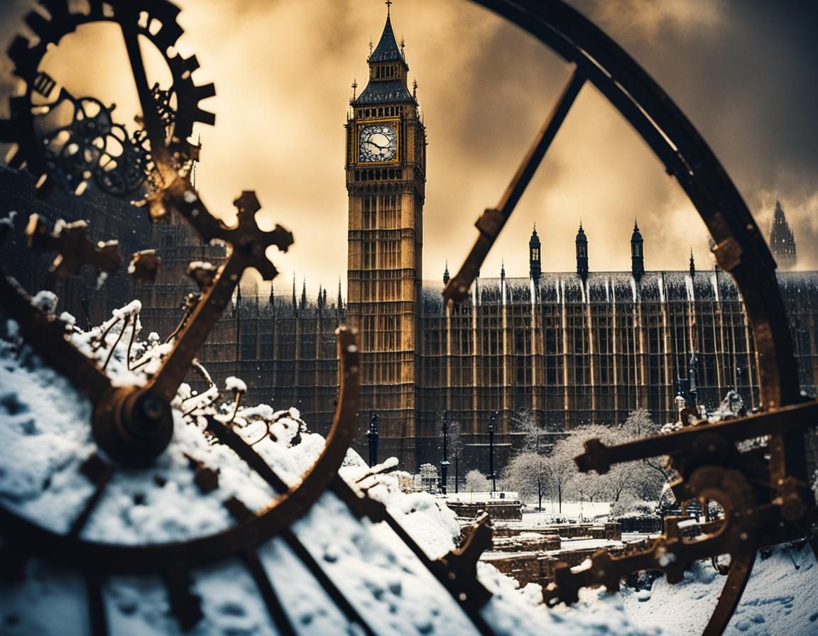 Ruins of Big Ben collapsed sideways under the snow