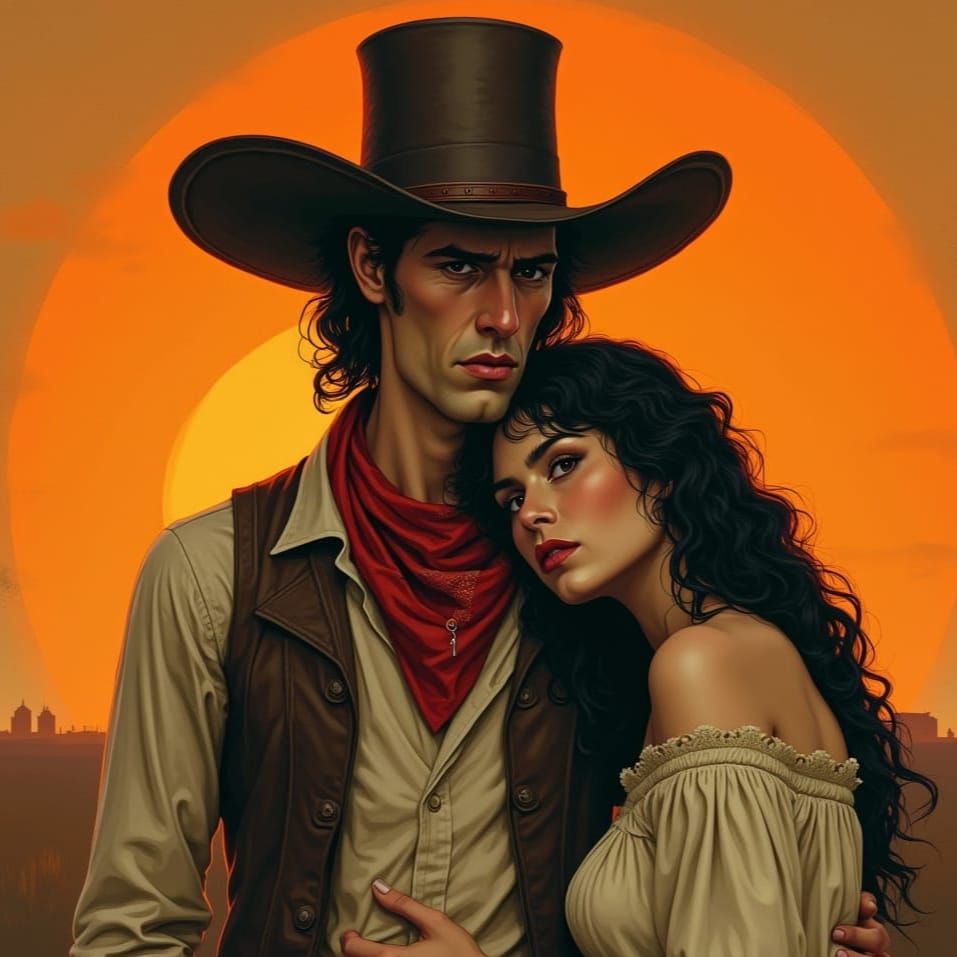 Sad Cowboy and Woman in Sunset Glow