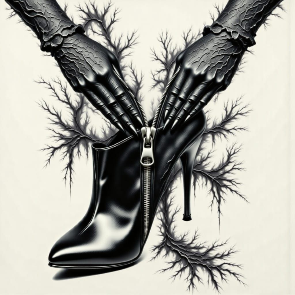 Charcoal Illustration of a Black Leather Boot with Violet Zi...