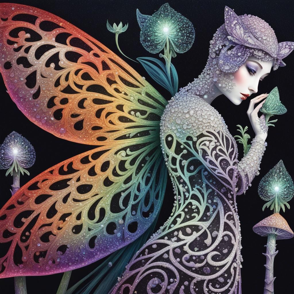Luminescent Fairy on Dewy Mushroom, Cubist Gothic Style