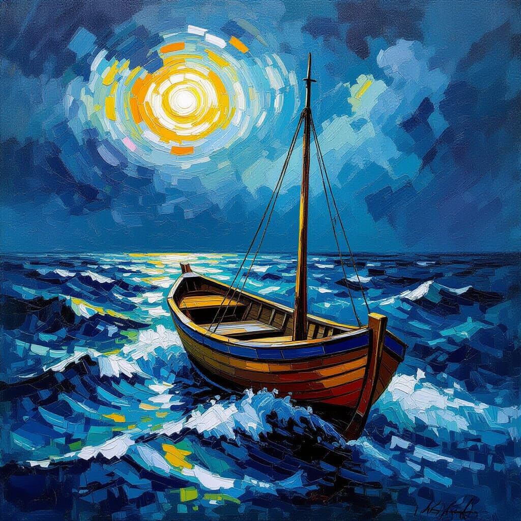 Stormy Sea Boat in Neo-Impressionist Style