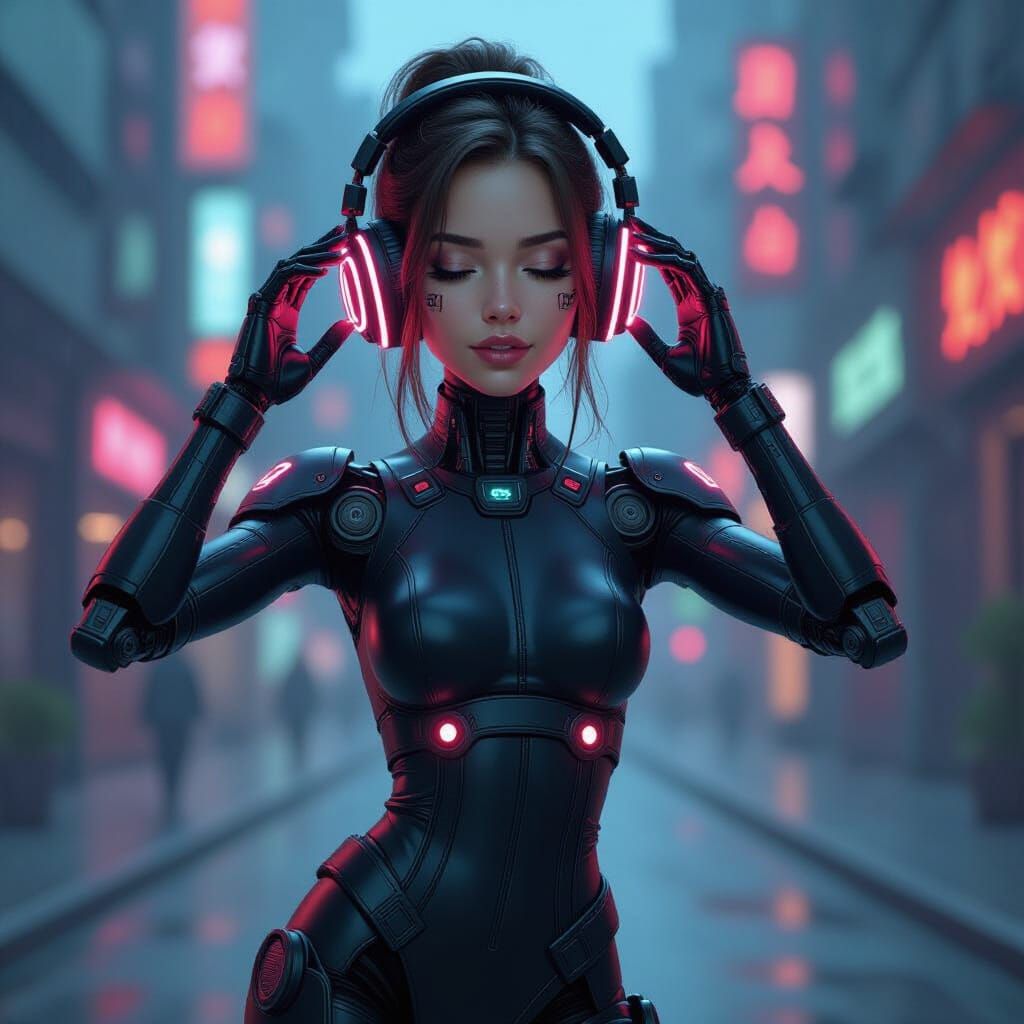 Cyberpunk Droid Dances in Futuristic Neon Landscape