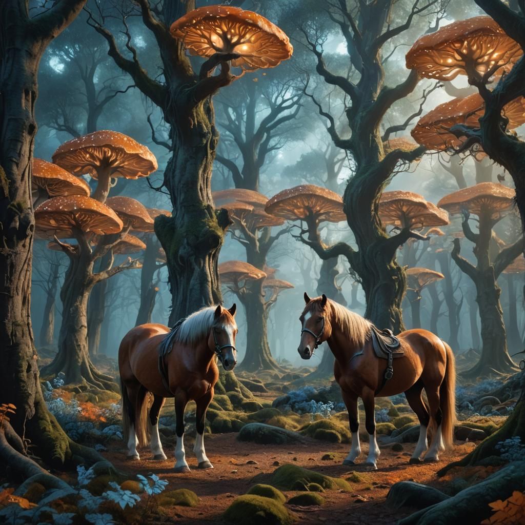 Horses in Mystical Forest: Digital Matte Painting