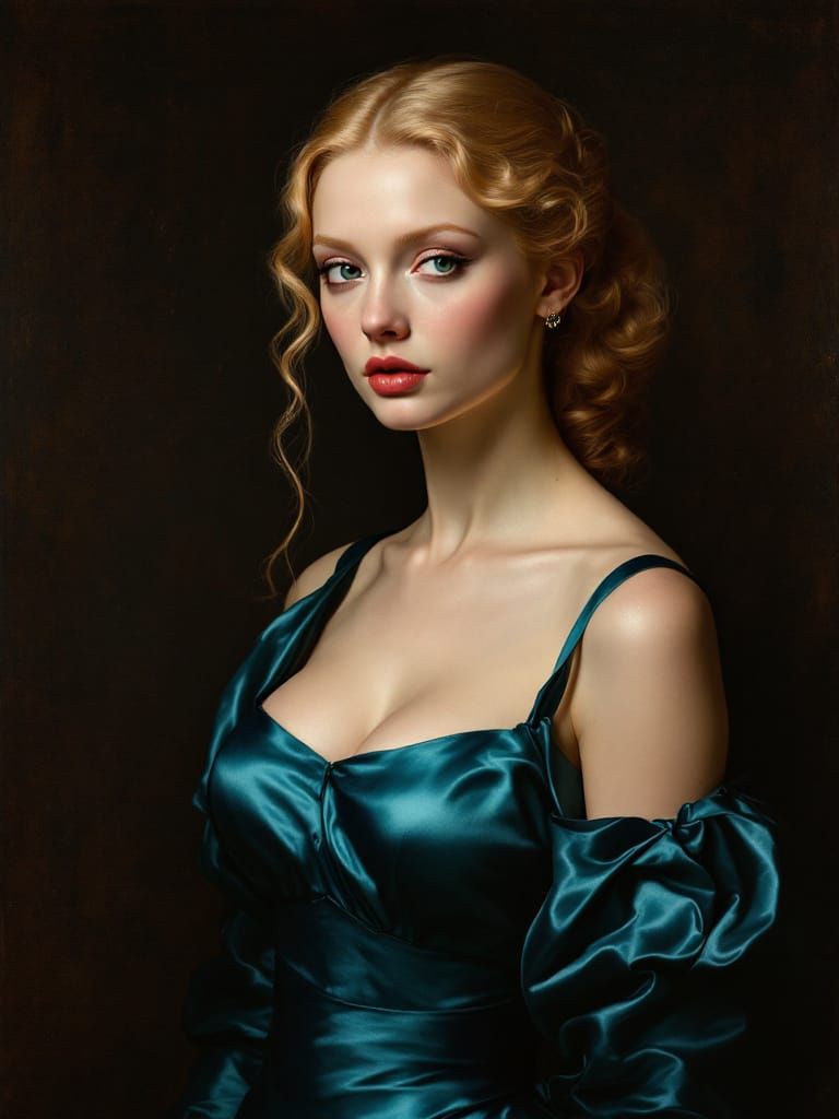 Renaissance Portrait: Pin-Up Woman in Cyan Dress
