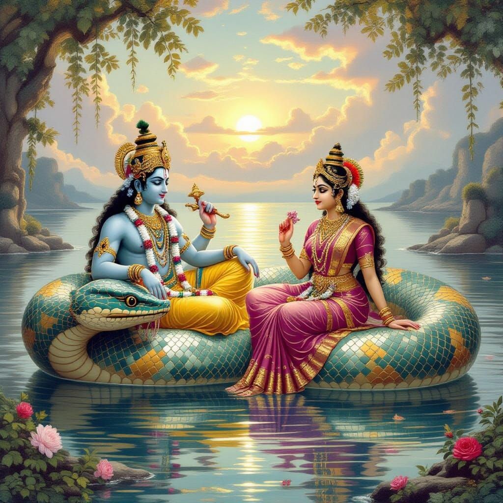 Surreal Lord Vishnu in Kshir Sagar with Goddess Lakshmi