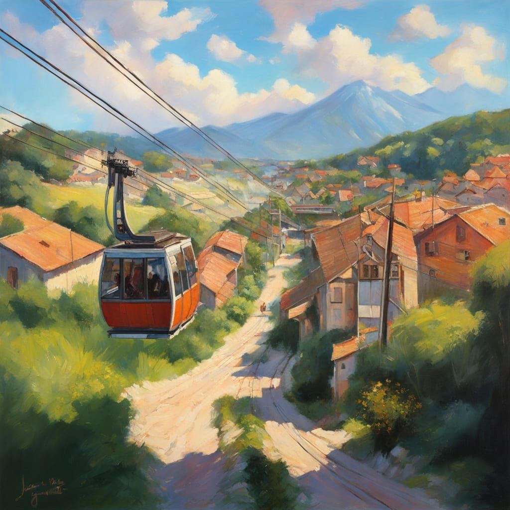 Cable Car Connects Two Villages: Oil Painting