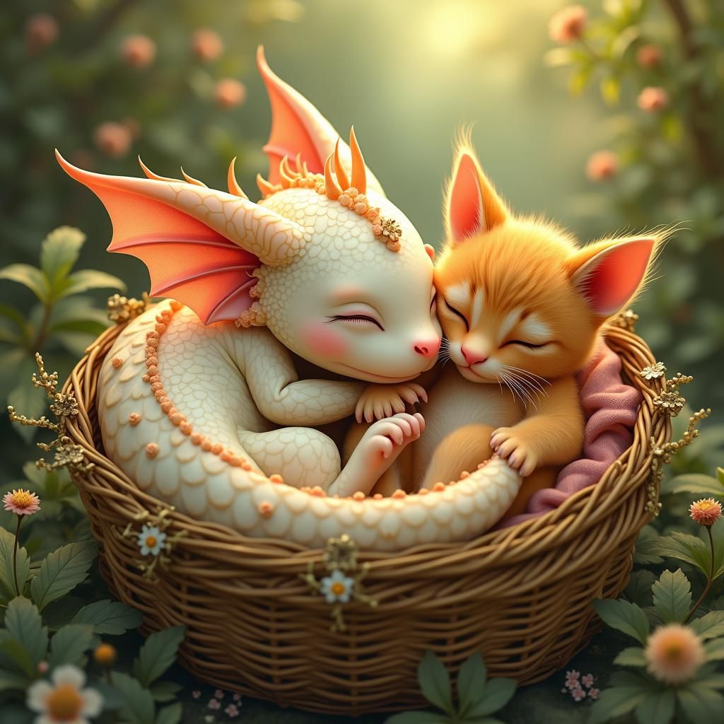Baby Dragon and Kitten in Art Nouveau Style