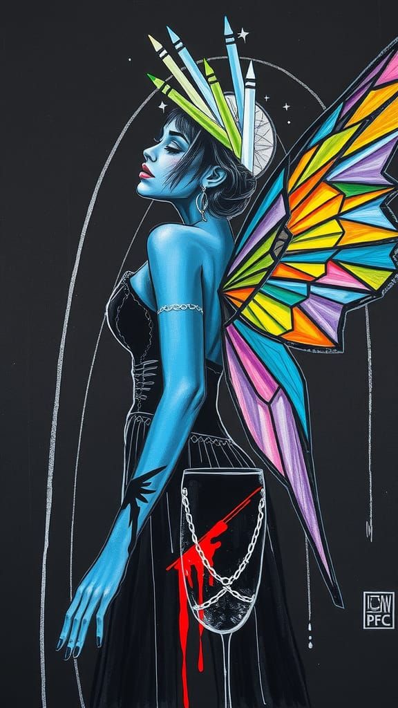 Cubist goth woman with geometry wings on her back, black on ...