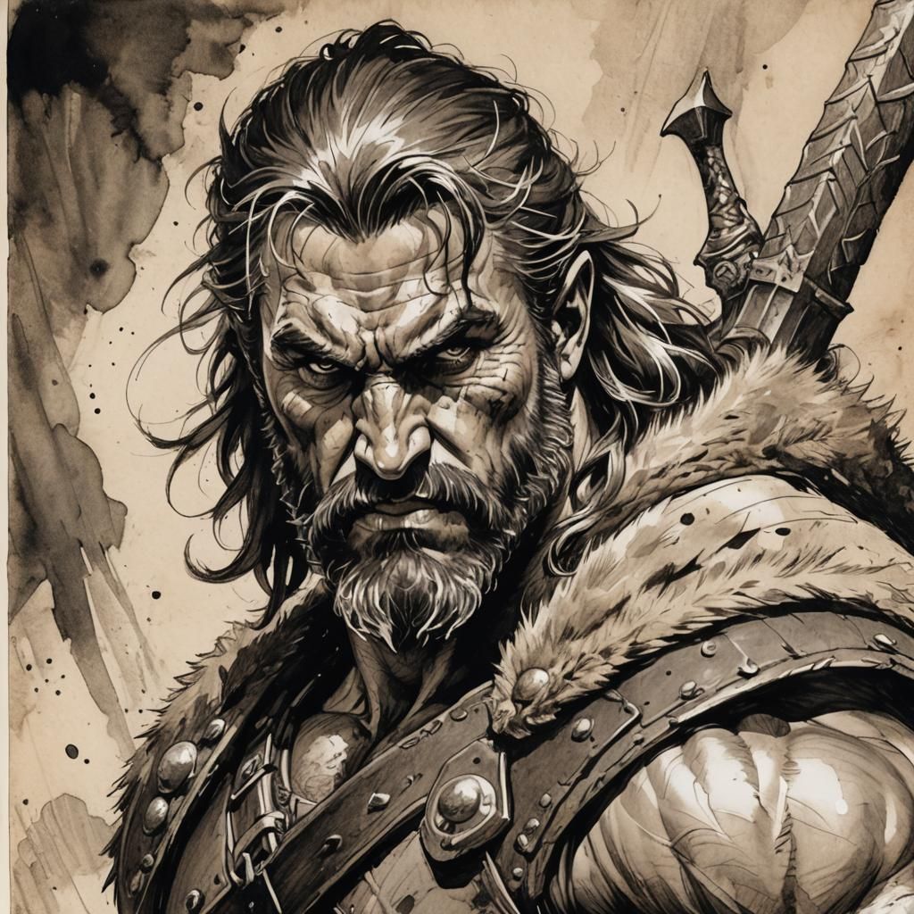 Barbarian Character Portrait in Pen and Ink Style