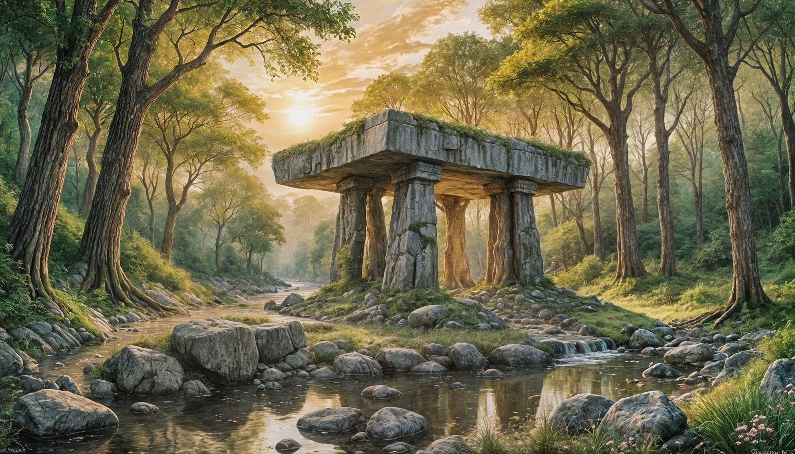 Hyper-Realistic Watercolor Painting of Dolmen in Ancient For...