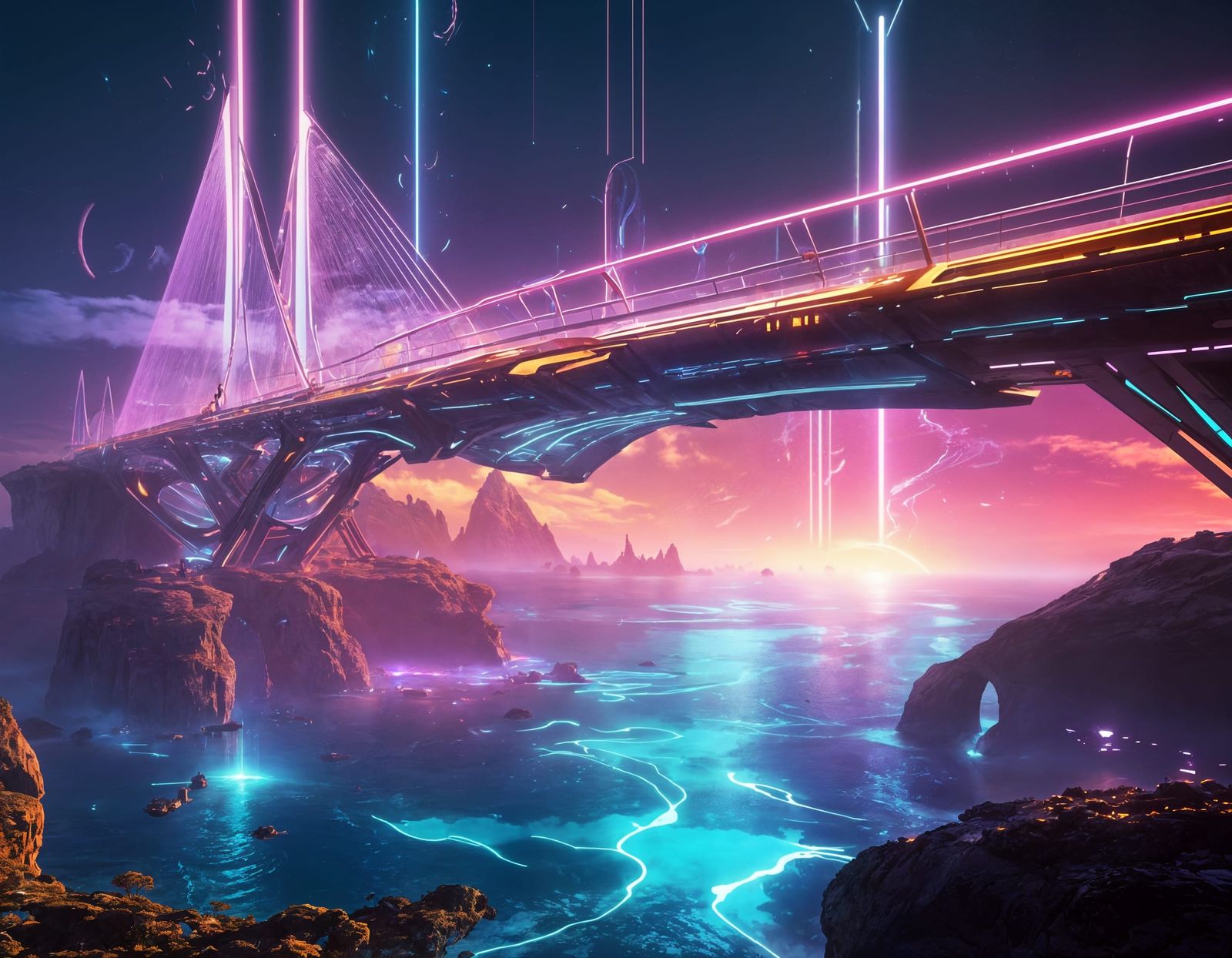 Glowing Futuristic Bridge in Neon Ocean Dreamscape