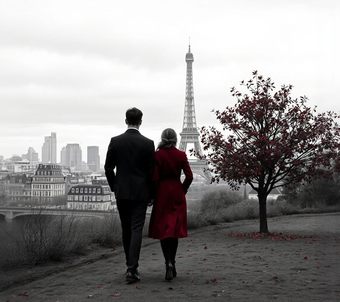 Paris Couple in Monochrome with Red Accents