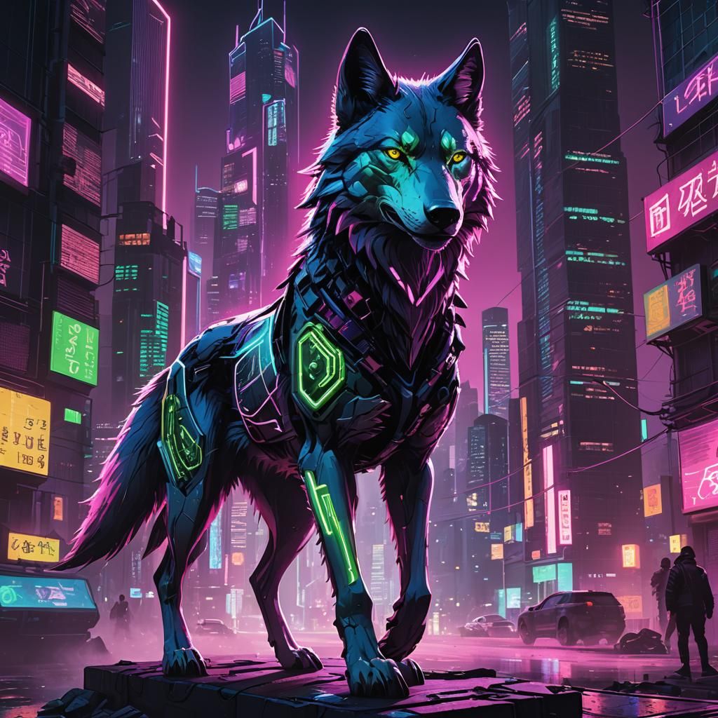 Neon Cyberpunk Wolf Roaming Dystopian Cityscape