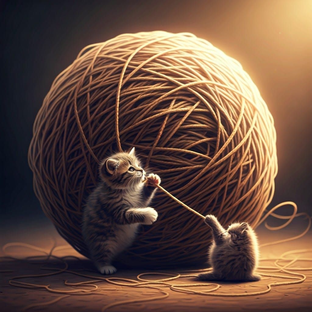 Kitten's Whimsical Play with String in Golden Light