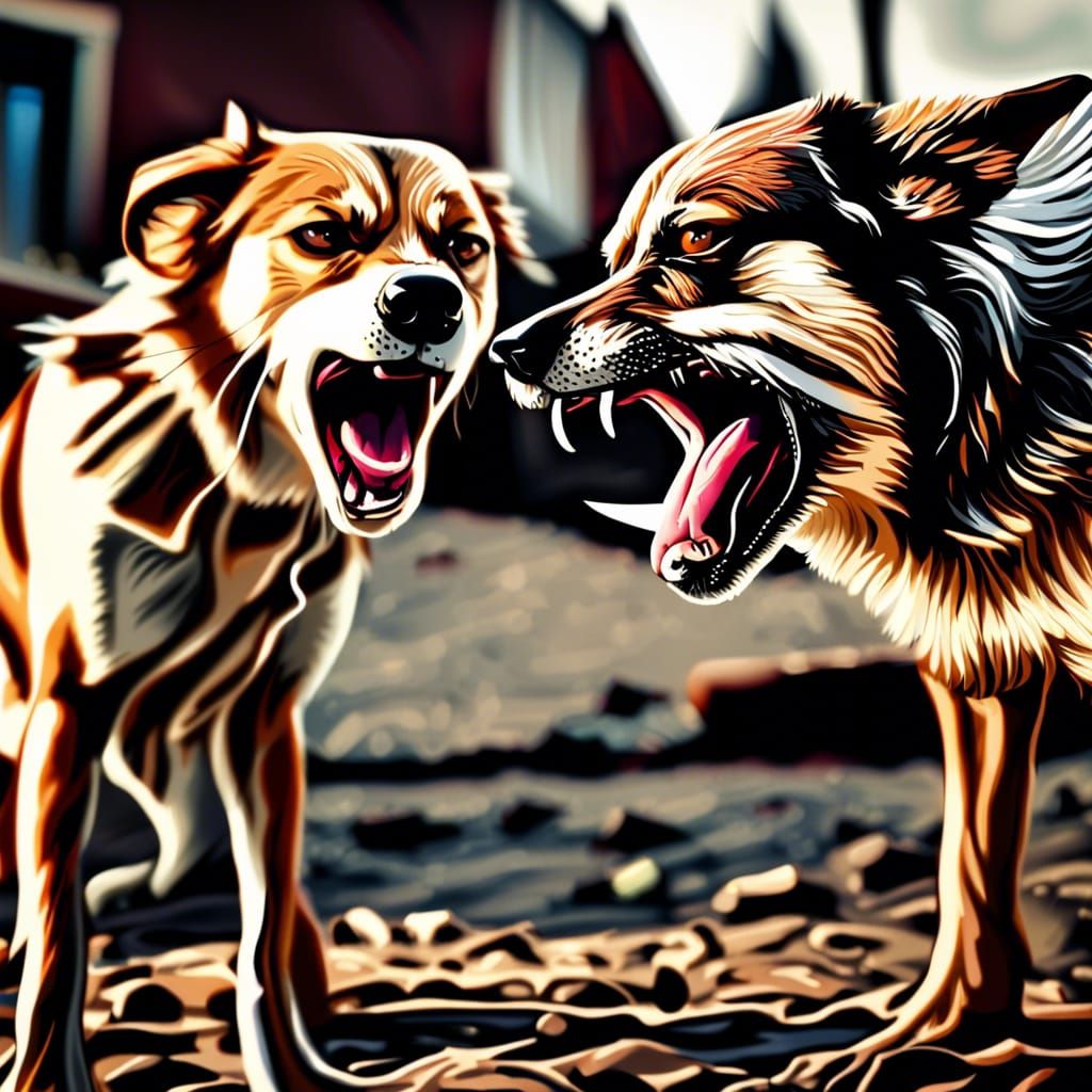 Angry White Dog Barking at Brown Dog