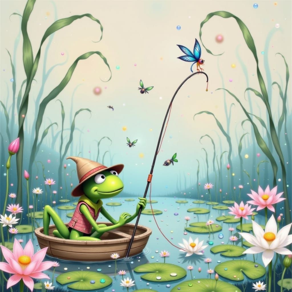 Kermit Fishing in a Whimsical Watercolor Pond