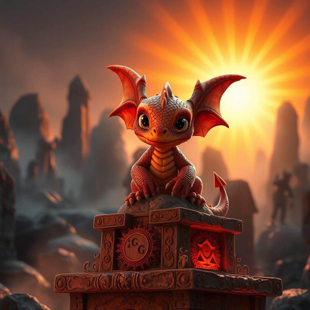 Baby Dragon Perches on Ancient Mausoleum in Mystical Necropo...