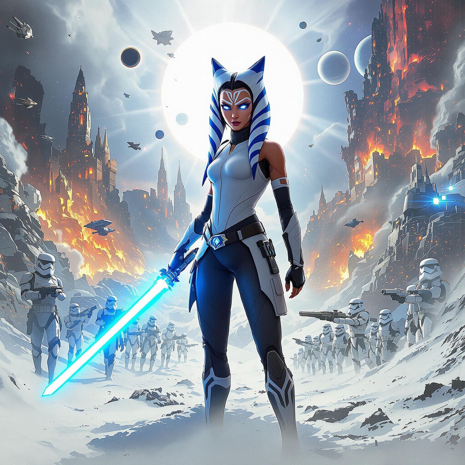 Heroic Ahsoka Tano in Cyberpunk Style with Blue Lightsaber
