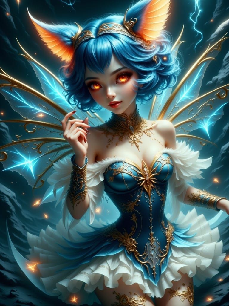 Anime, Portrait, Cheerful Kitsune winged fairy. Sapphire blu...