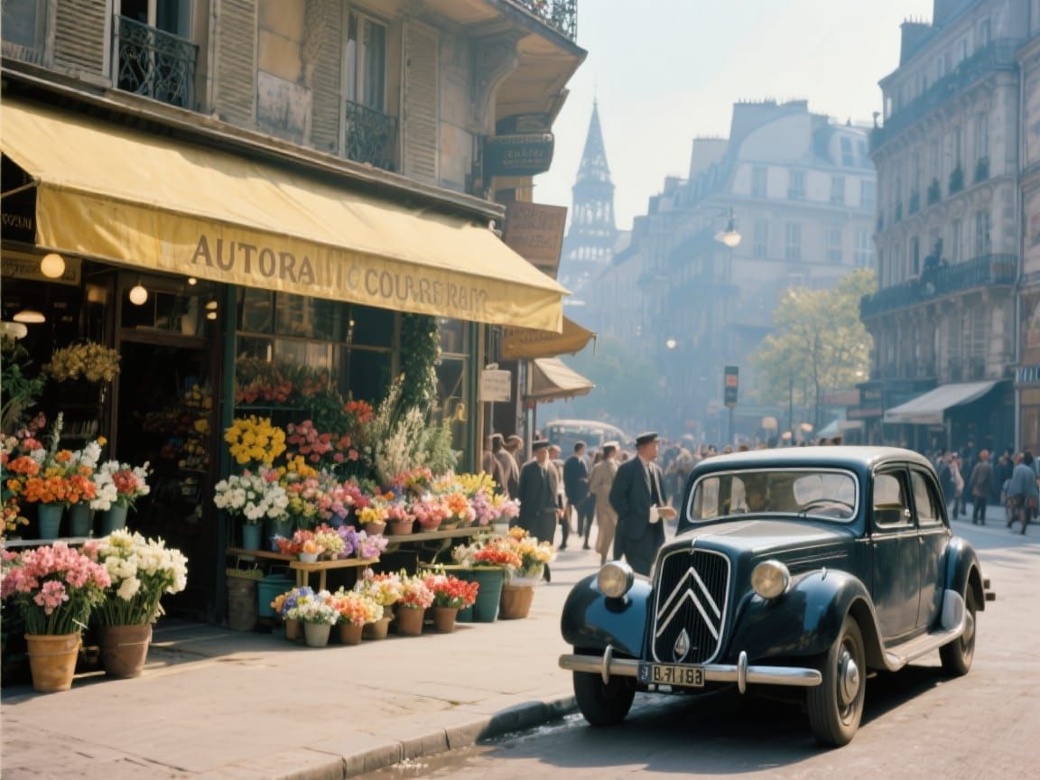 Parisian Street Scene in 1937 in Autochrome Style