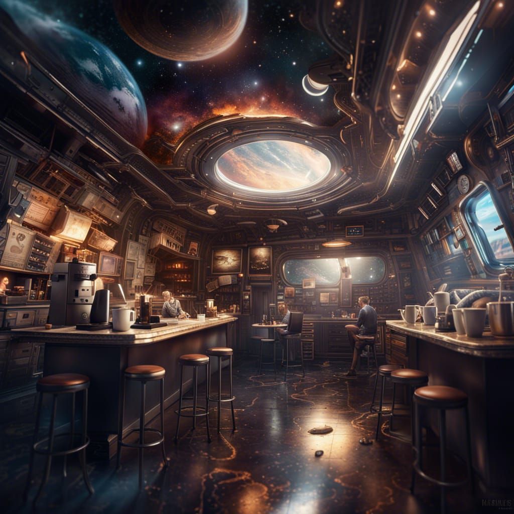 Futuristic Coffee Shop in Space: Digital Matte Painting