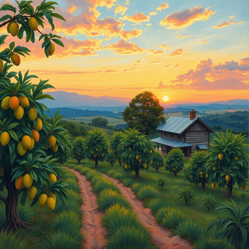 Vibrant Mango Farm Landscape in Expressive Brush Strokes