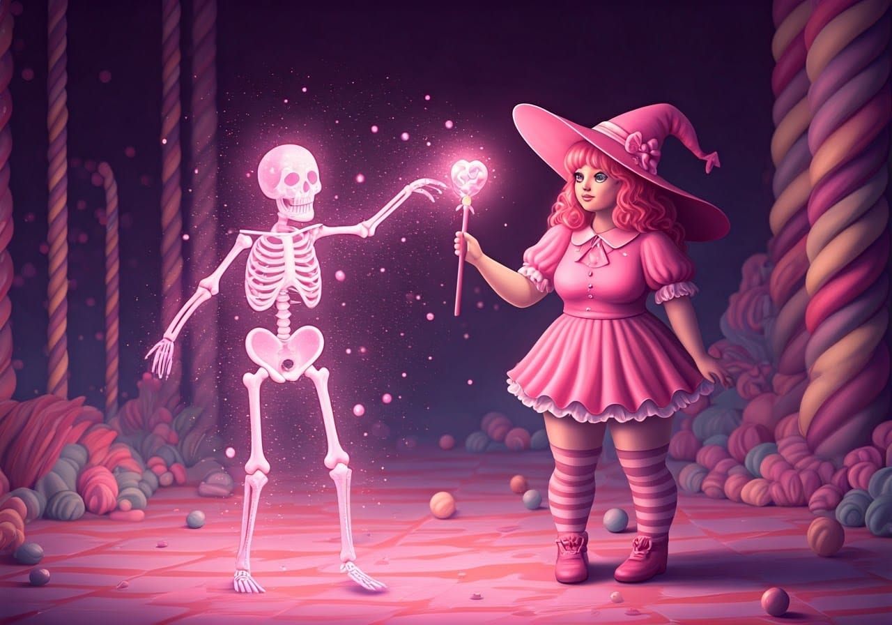 Chubby Witch Creates Dancing Skeleton in Candy Land