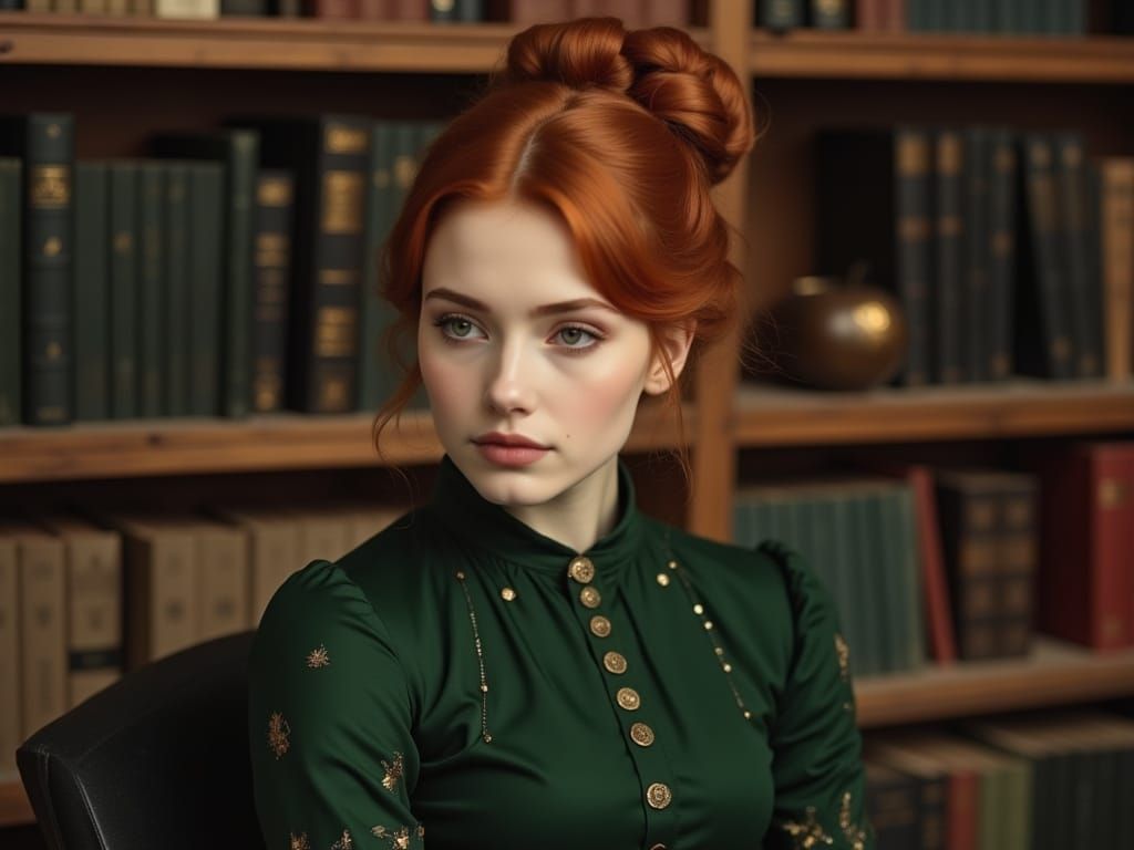 Victorian Lady in Library, Art Nouveau Style