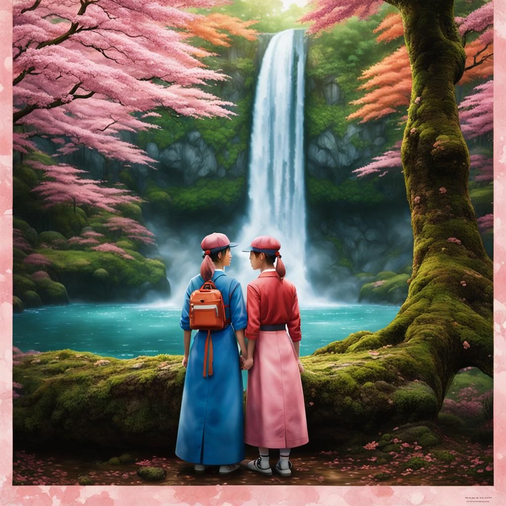 Pokémon Ash and Serena Portrait with Sakura Forest