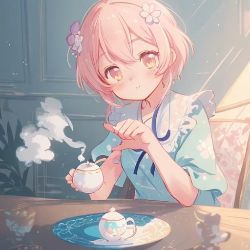 Anime Girl in Teacup with Sparkling Sunlight