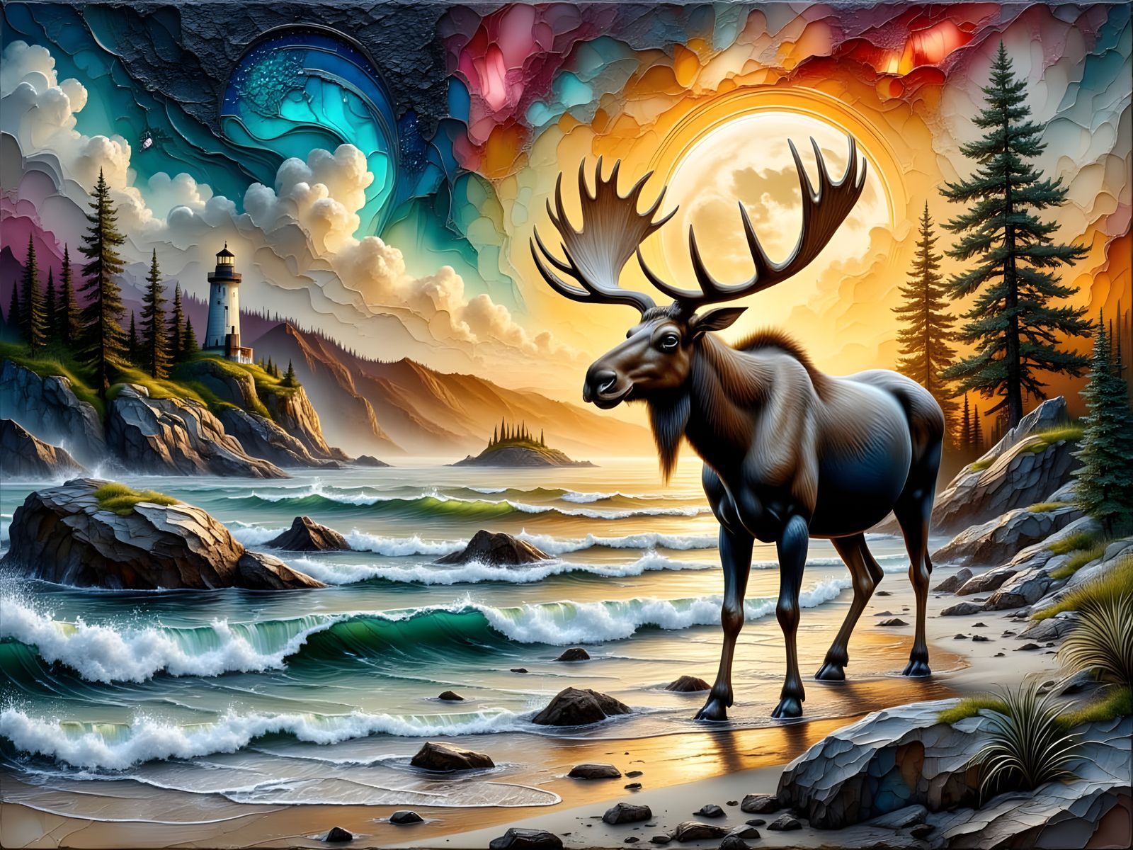 Majestic brown antlered moose on rustic woodland Beach