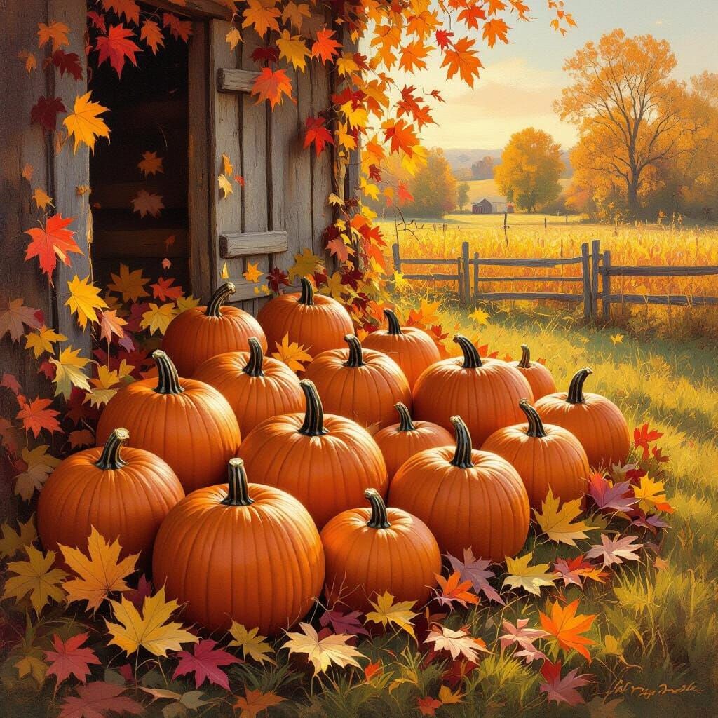 Autumn Farm Scene with Pumpkins and Leaves