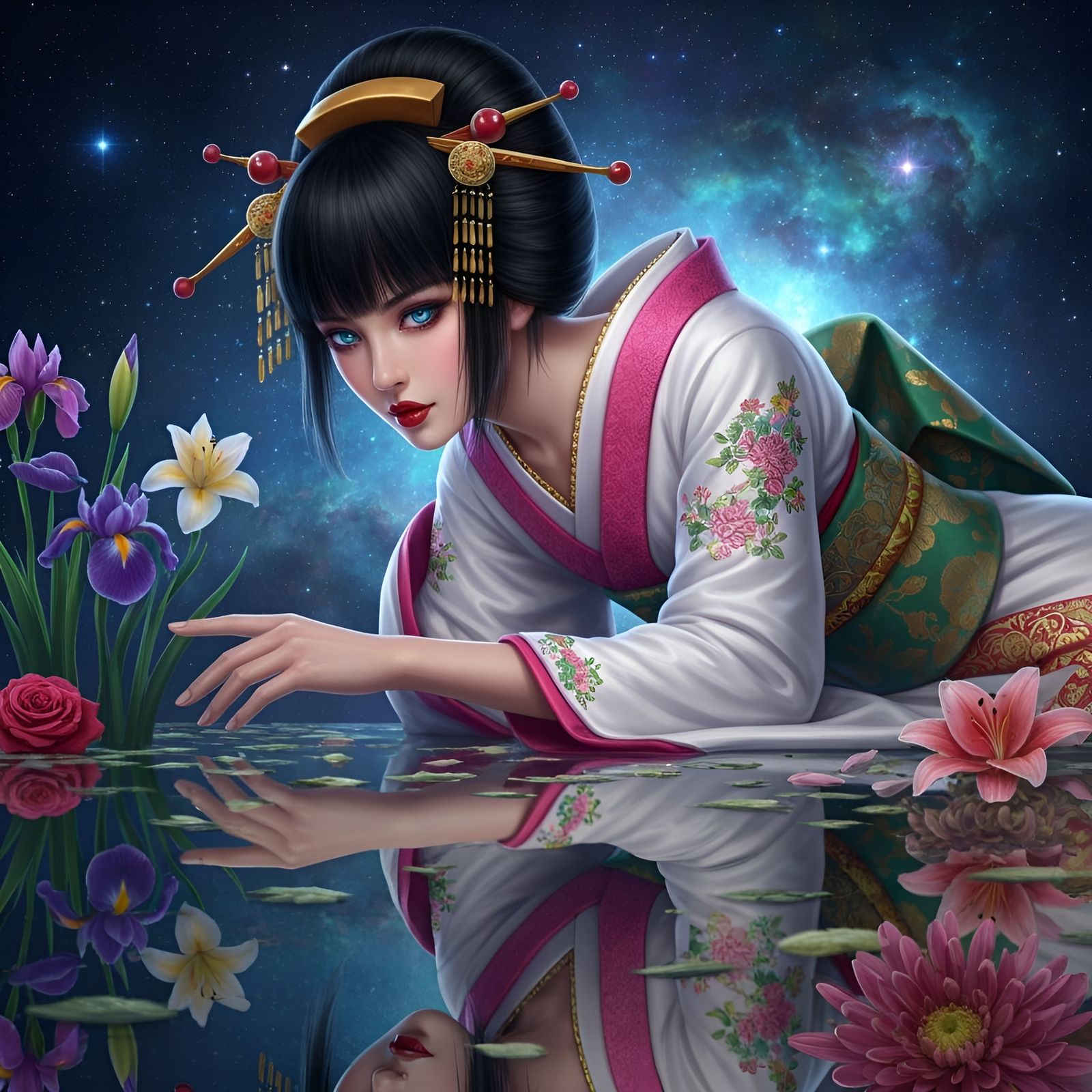 Dark Fantasy Geisha Portrait in Bioluminescent Nebula
