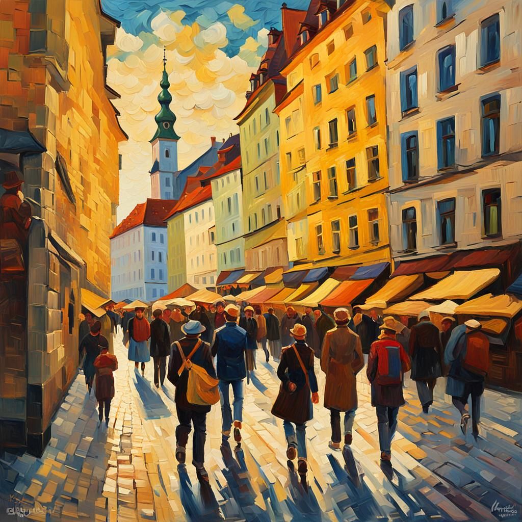 Munich Street Scene in Neo-Impressionist Style