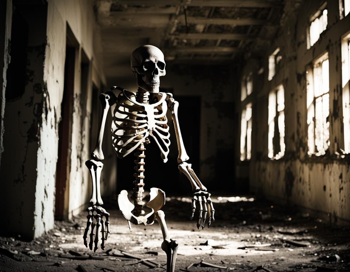 Spooky Skeleton in Abandoned Asylum Horror Scene