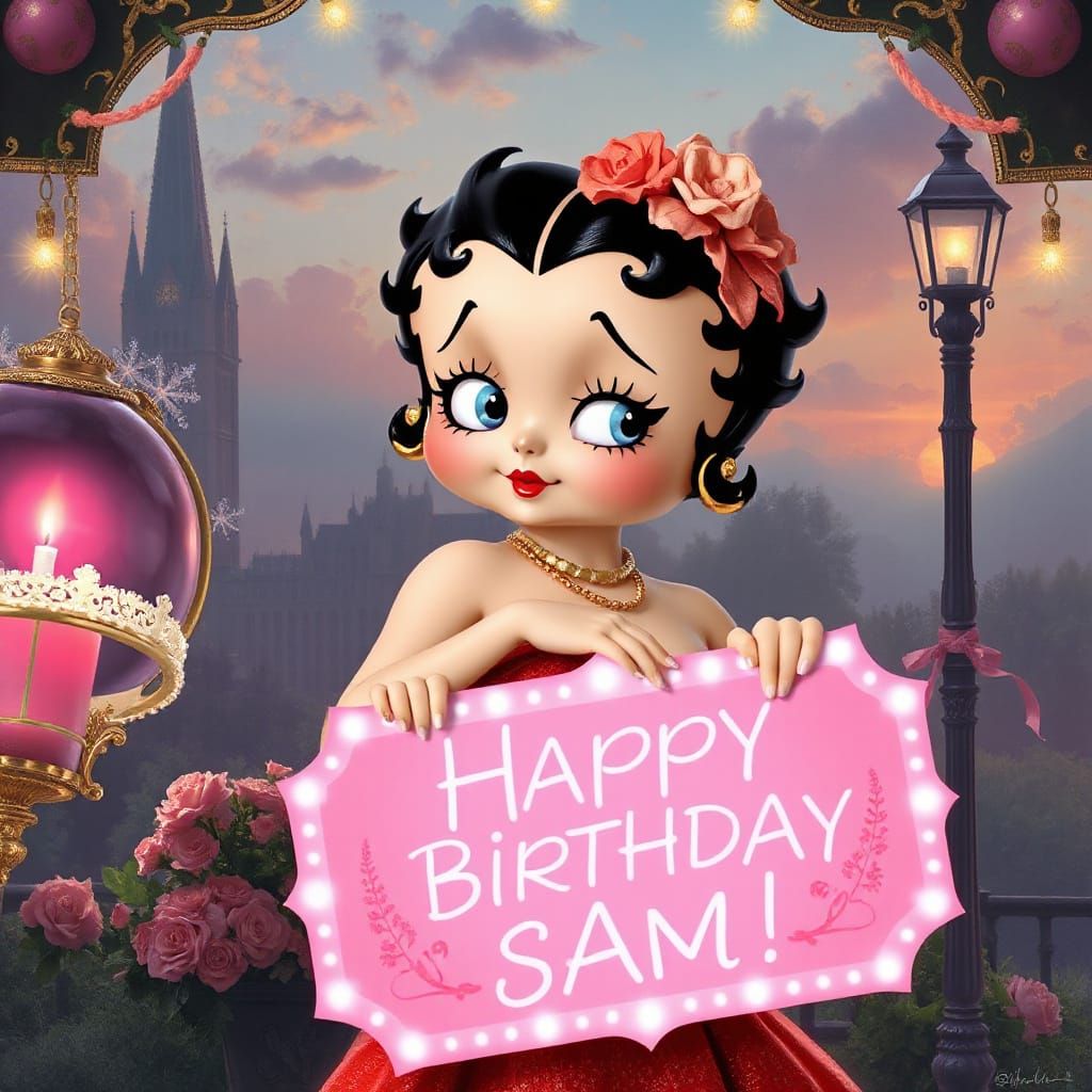 Betty Boop Birthday in Thomas Kinkade Style