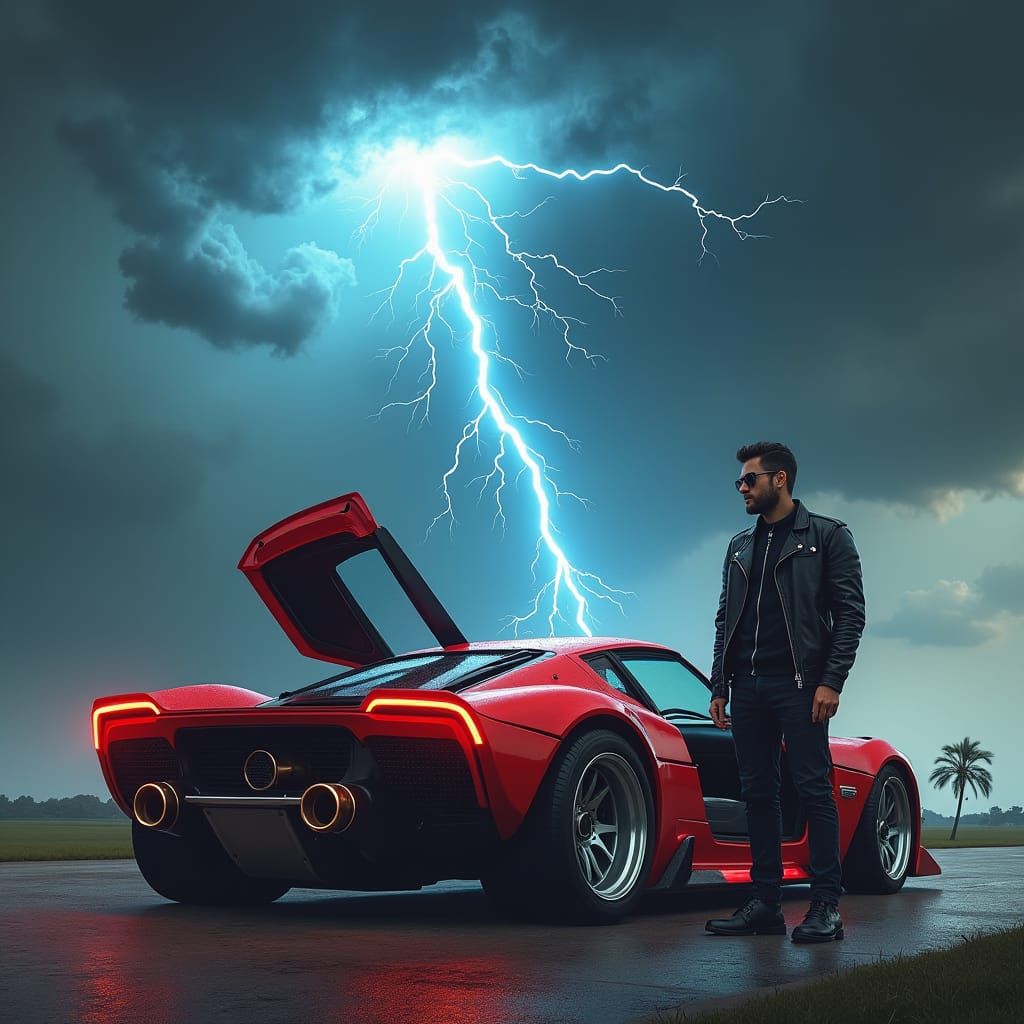 Man and Sports Car with Tornado in Cyberpunk Style