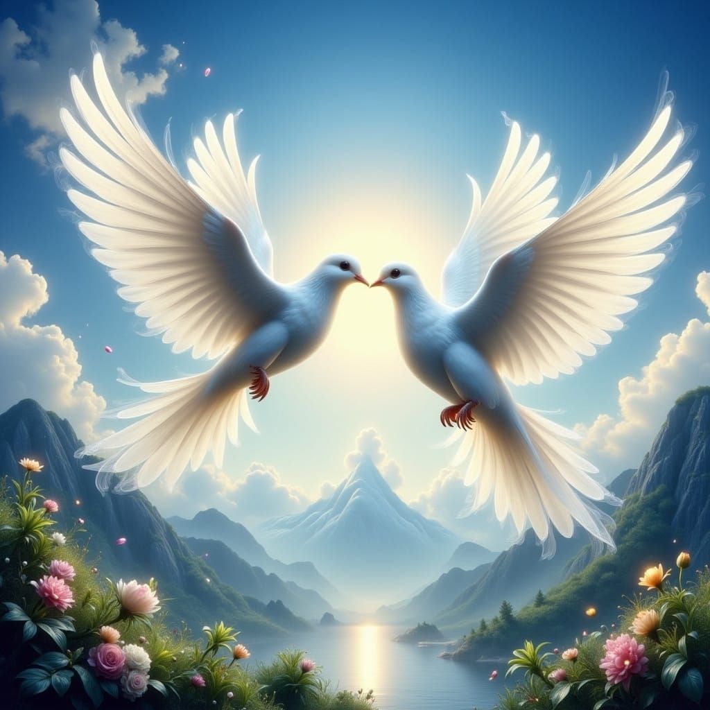 Surreal Landscape with Entwined Doves and Majestic Mountains